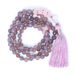 Faceted Gray Agate Rose Quartz Mala Necklace, crystal healing jewelry