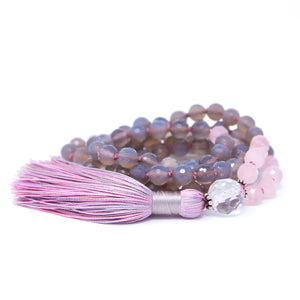 Faceted Gray Agate Rose Quartz Mala prayer beads, yoga jewelry