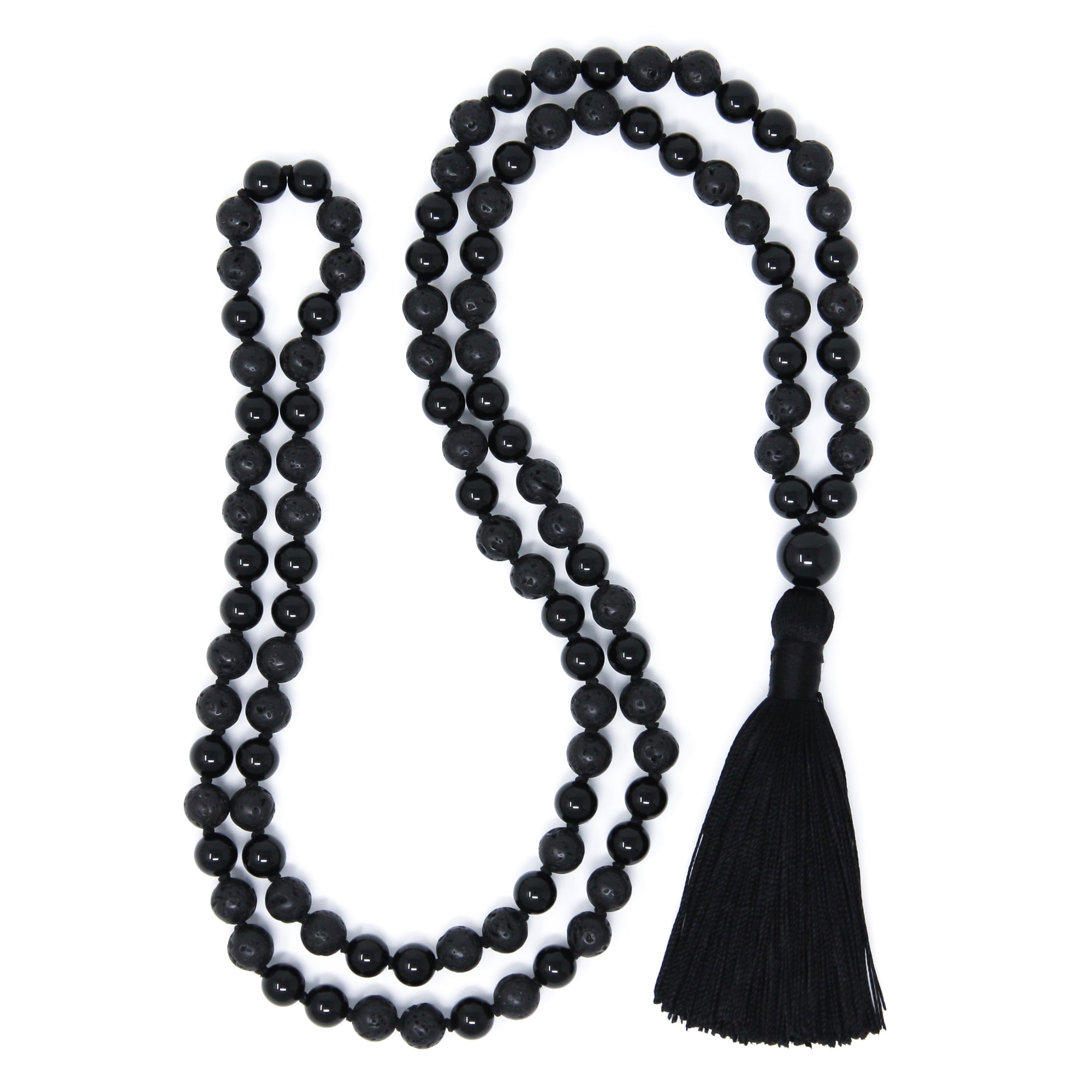 long black tassel necklace, black lava and onyx mala beads