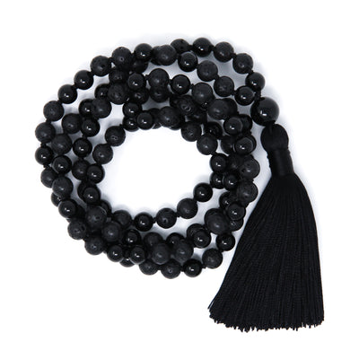 all black malas with tassel, lava and onyx jewelry