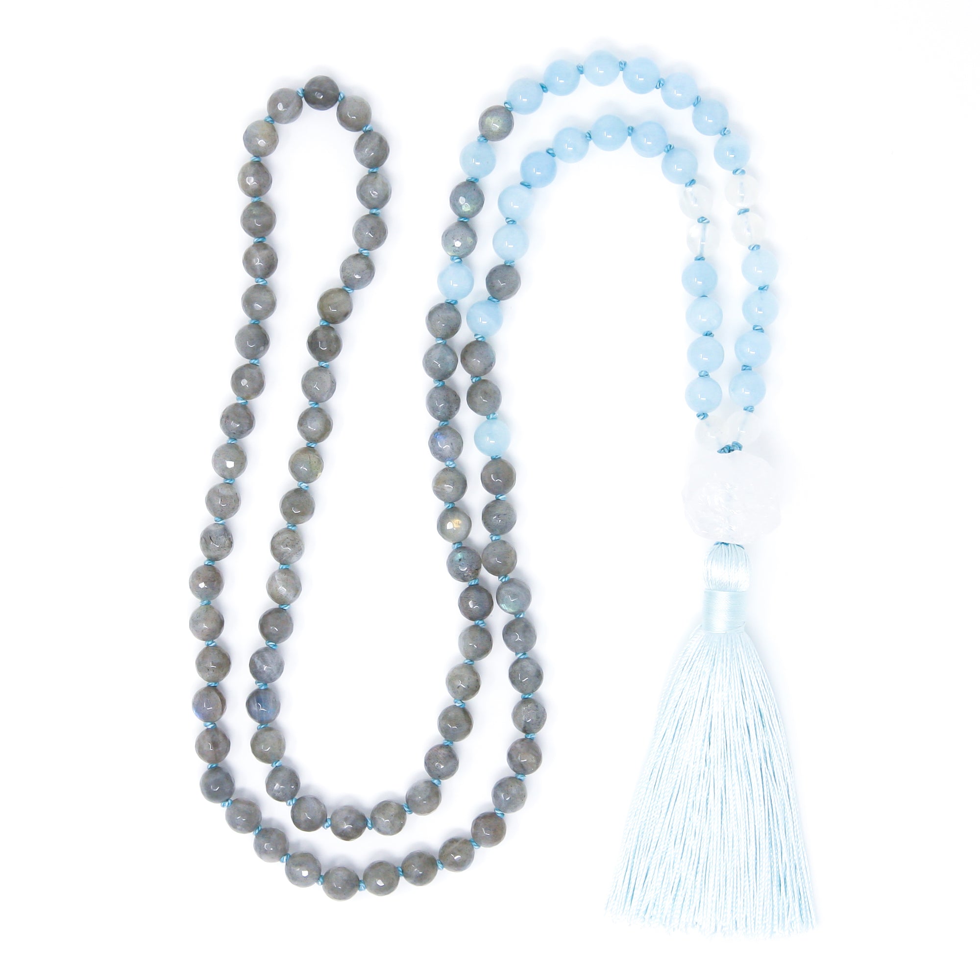 long tassel necklace, labradorite, aquamarine, moonstone
