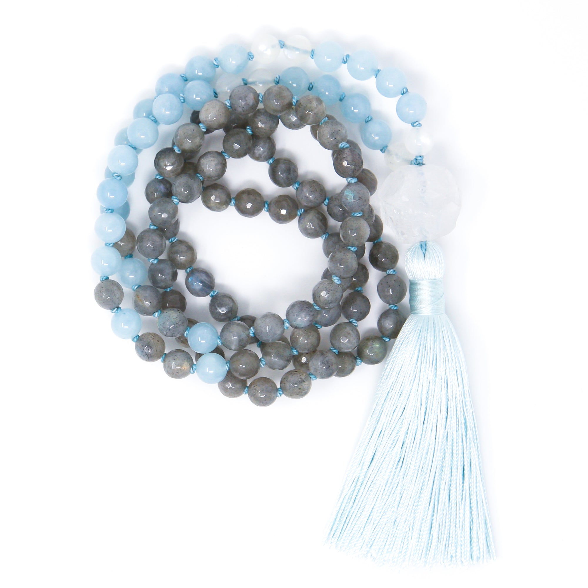 Labradorite Aquamarine Mala Necklace, yoga jewelry