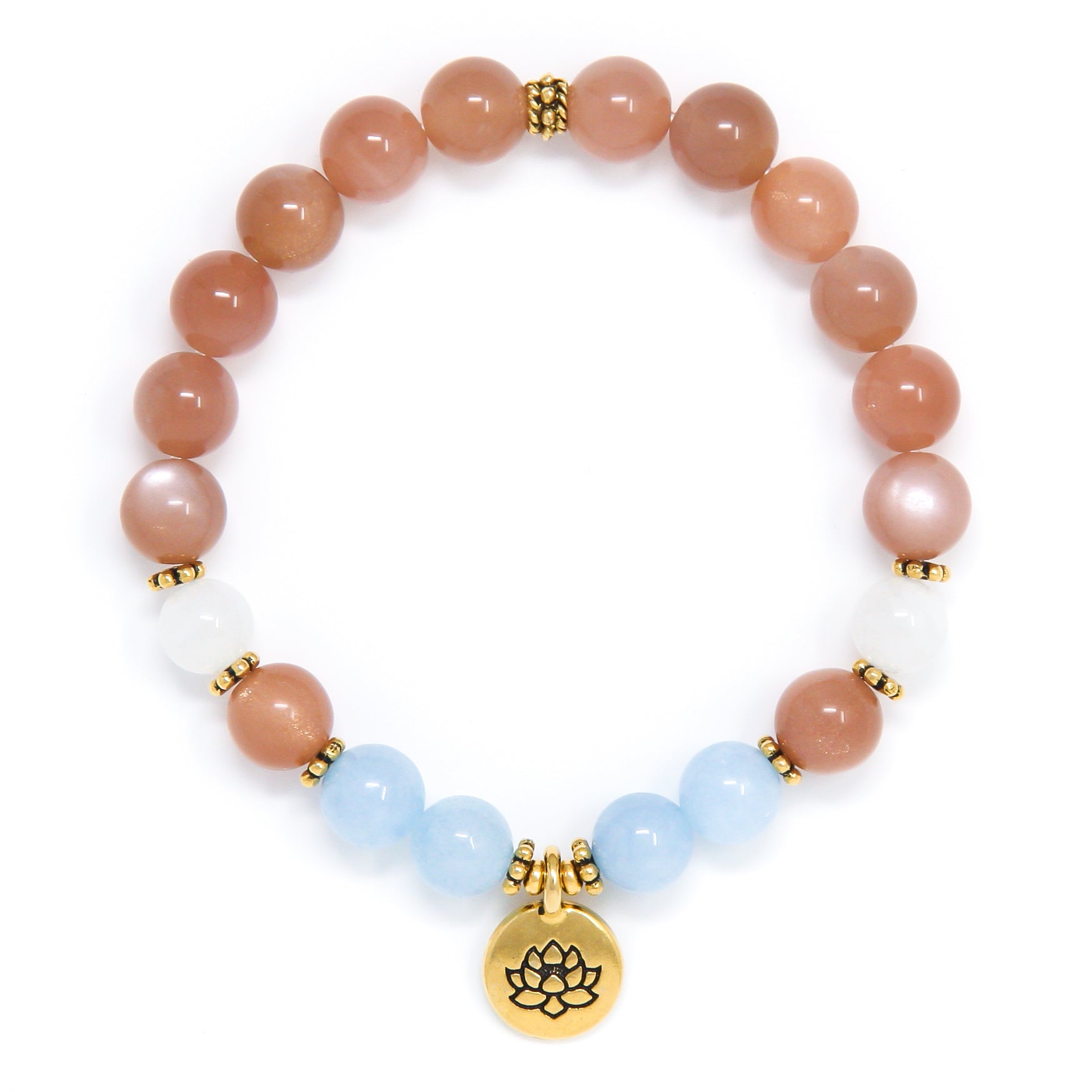 Sunstone Aquamarine Moonstone Mala Bracelet with Lotus, crystal healing jewelry