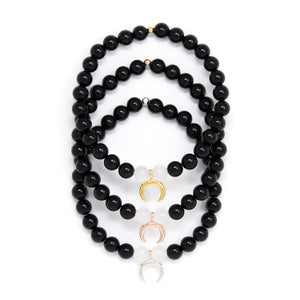 Moon Goddess Bracelet, Selenite and Black Tourmaline Mala Bracelet with either gold vermeil moon charm, rose gold vermeil moon or sterling silver moon