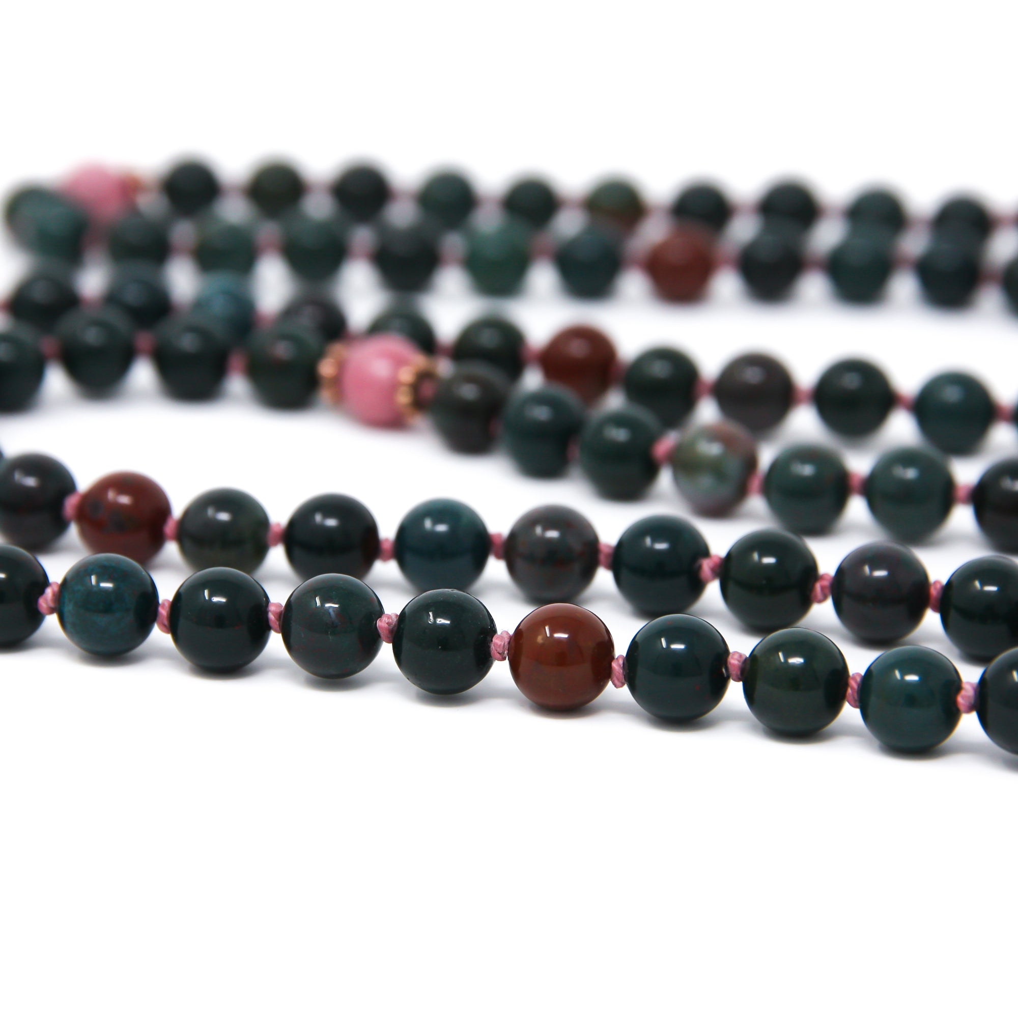knotted mala prater beads 108, Indian bloodstone, rhodonite