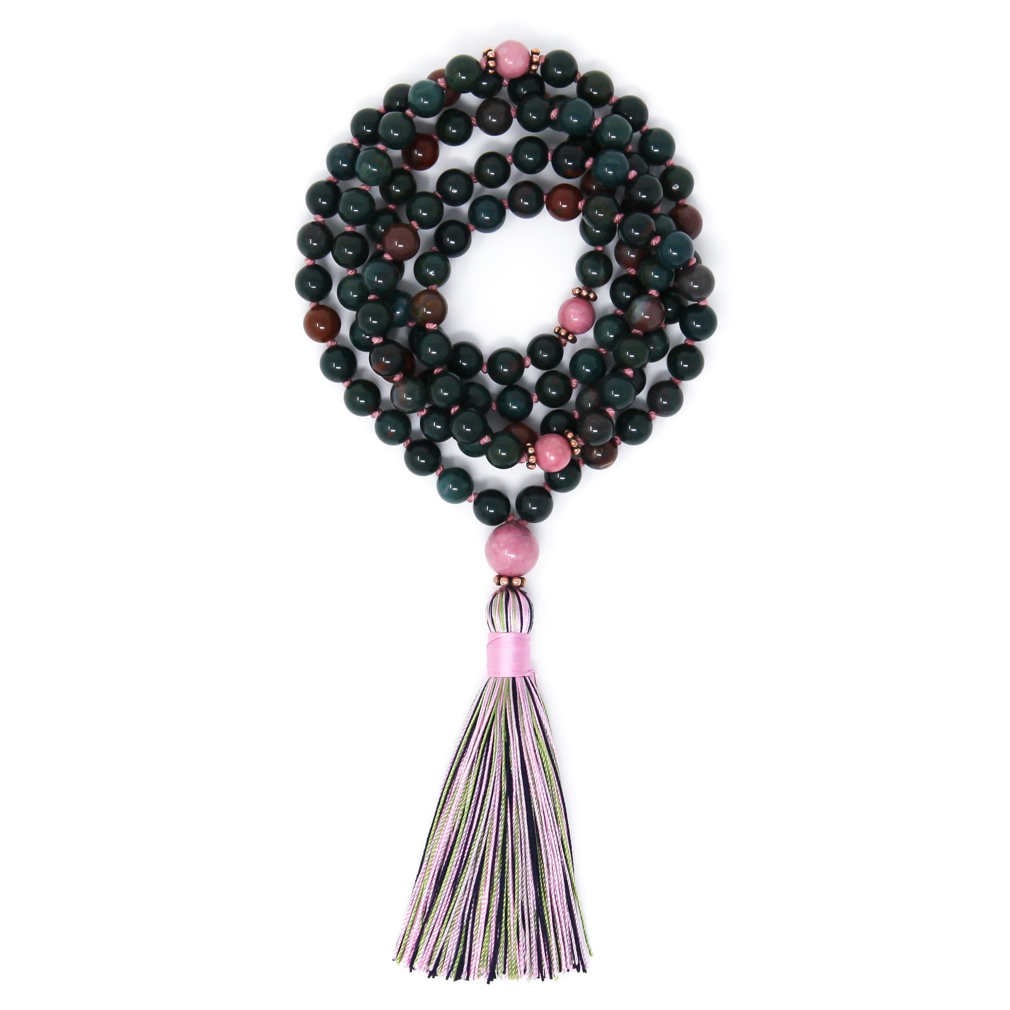 Bloodstone prayer beads with rhodonite, crystal healing jewelry