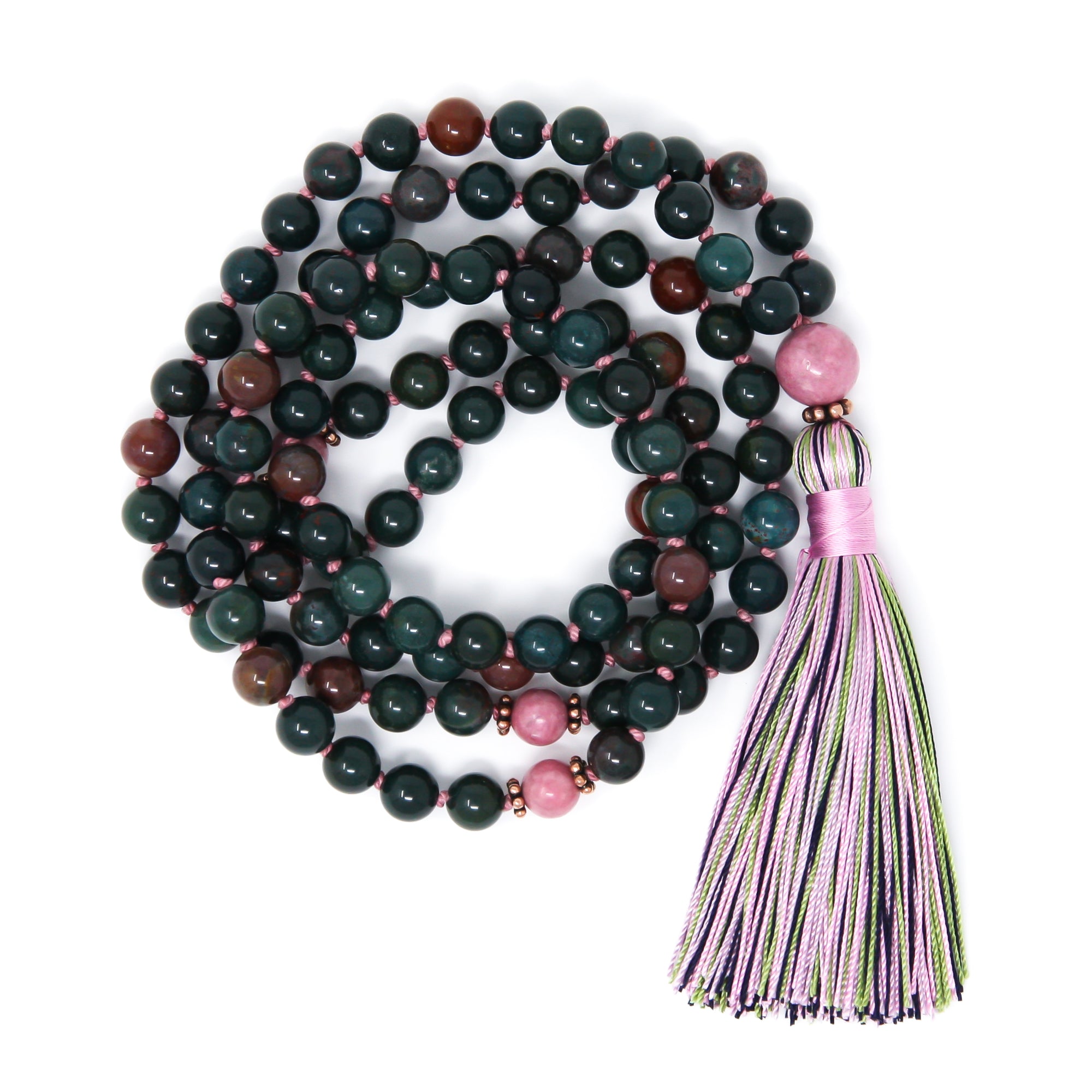 bloodstone rhodonite mala beads, spiritual jewelry