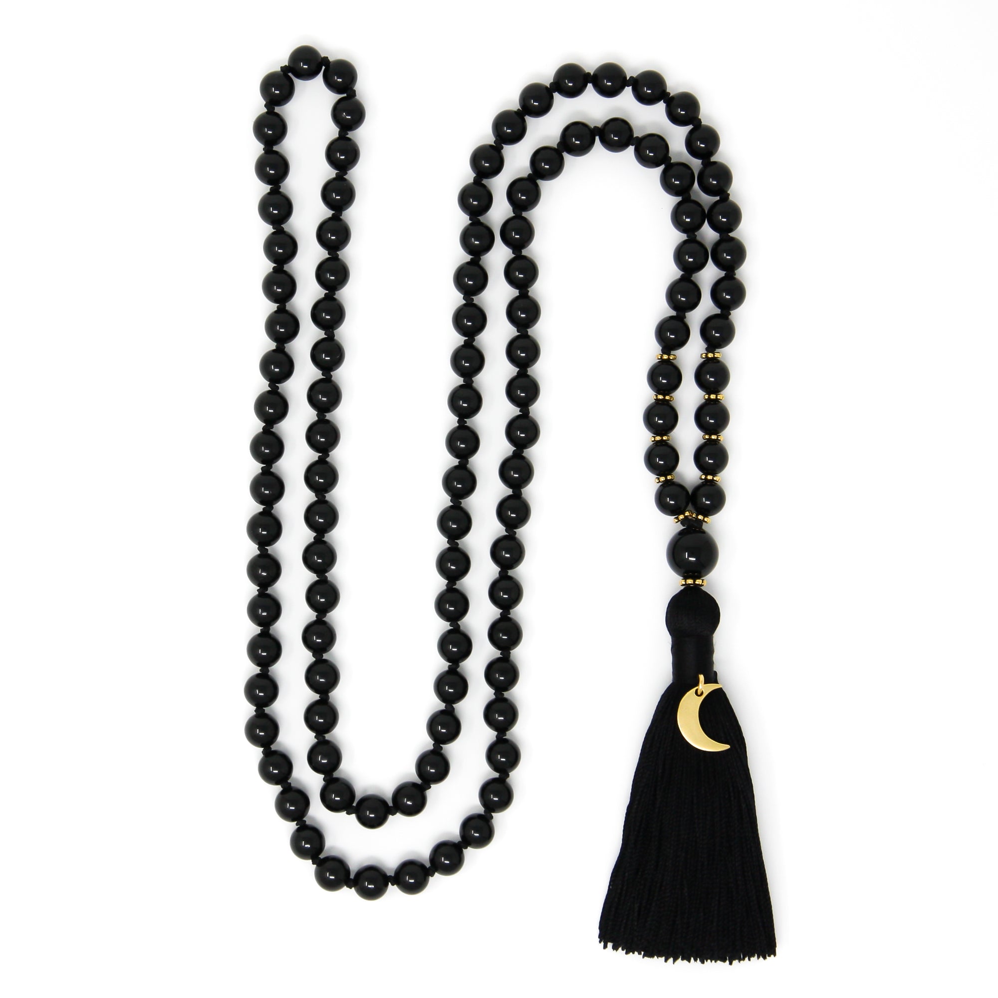 all black japa mala, black tourmaline and onyx long tassel necklace