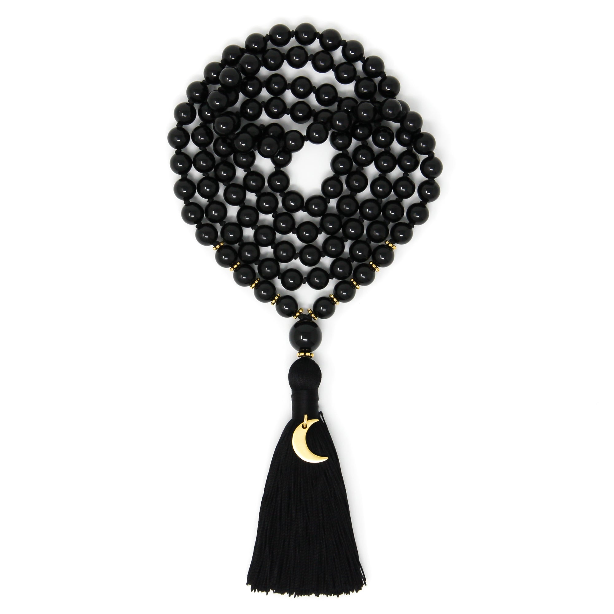 Black Tourmaline Mala Necklace with Gold Crescent Moon, crystal healing jewelry