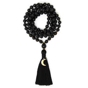 108 mala beads, black tourmaline and onyx knotted tassel necklace