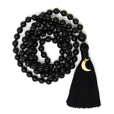 Black Tourmaline 108 Mala Prayer Beads with Gold Crescent Moon, yoga jewelry