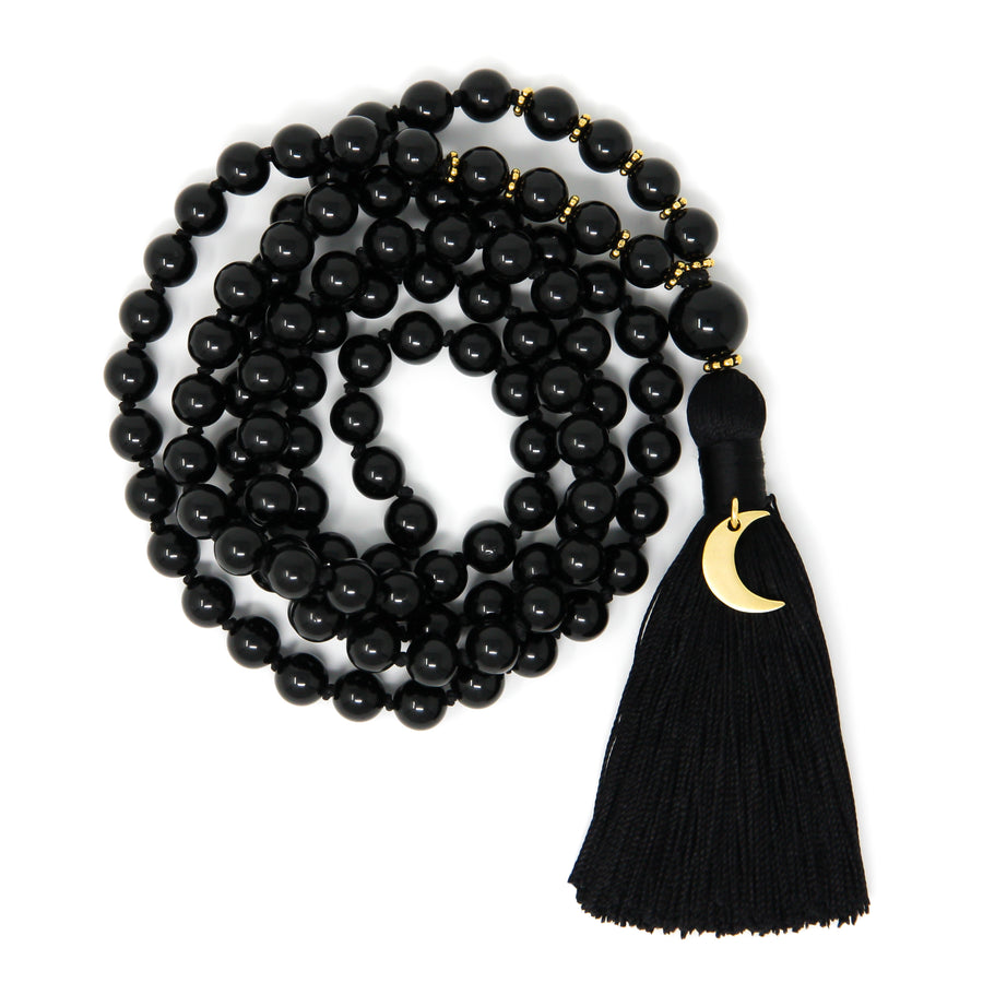Keeper of Magic Black Tourmaline Mala Necklace with Gold Crescent Moon ...