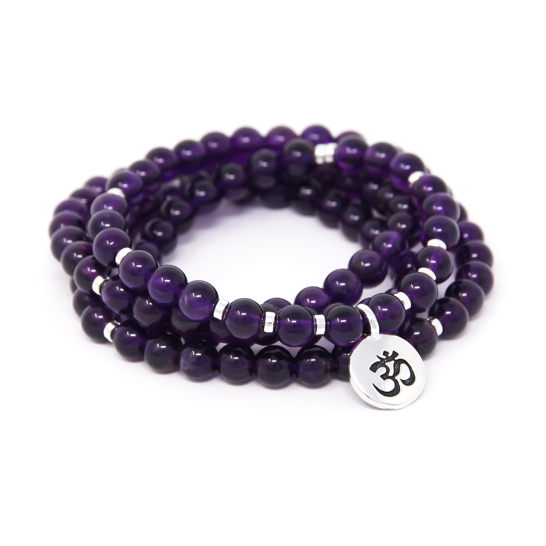 Amethyst 108 Mala Beads with Om Charm, Yoga jewelry