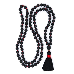 basalt mala beads 108, black lava long tassel necklace