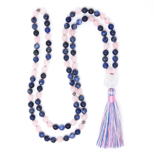 knotted mala 108, blue and pink long tassel necklace