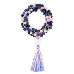 Rose Quartz Sodalite Knotted Mala Necklace, pink and blue prayer beads