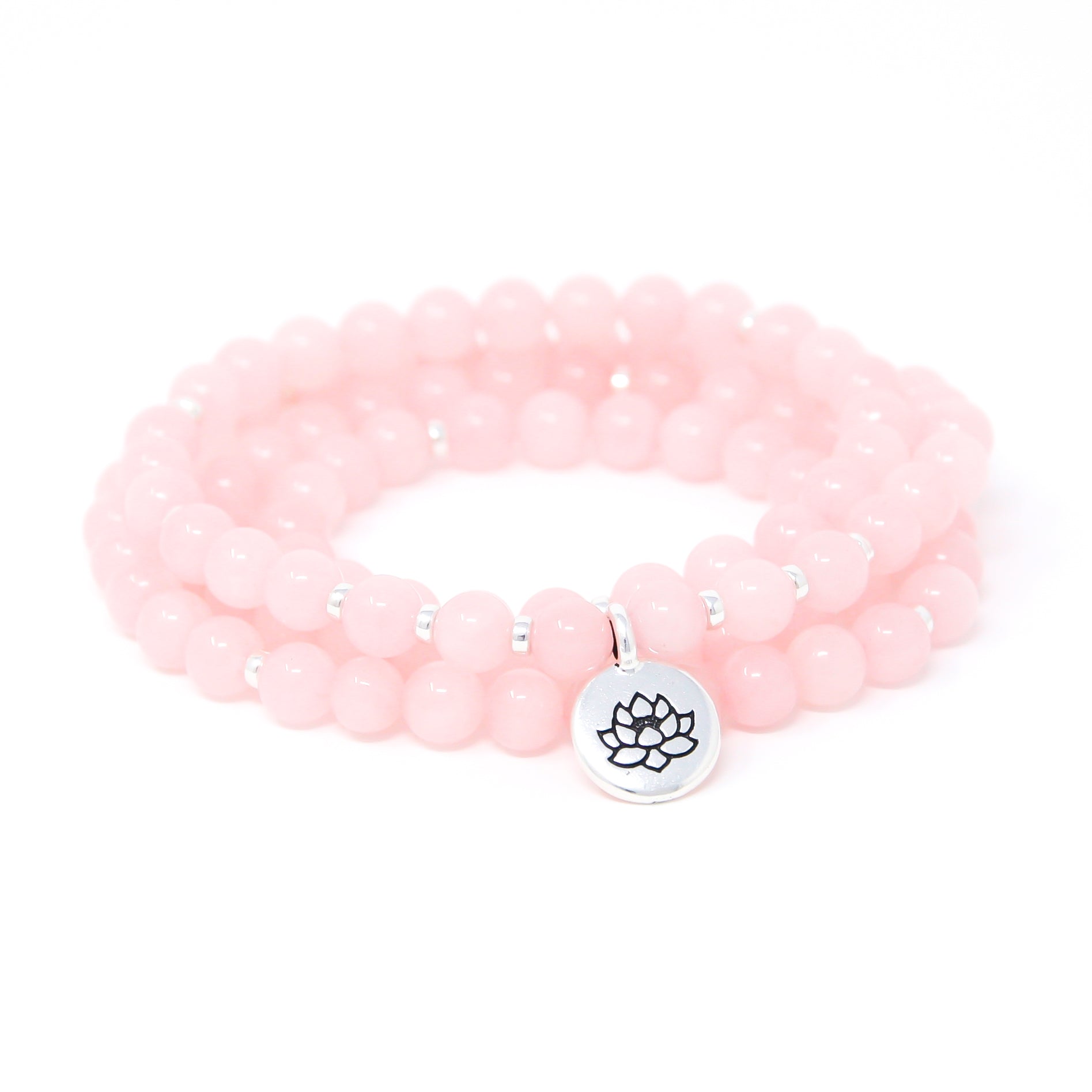 pink quartz prayer beads with lotus, crystal healing jewelry