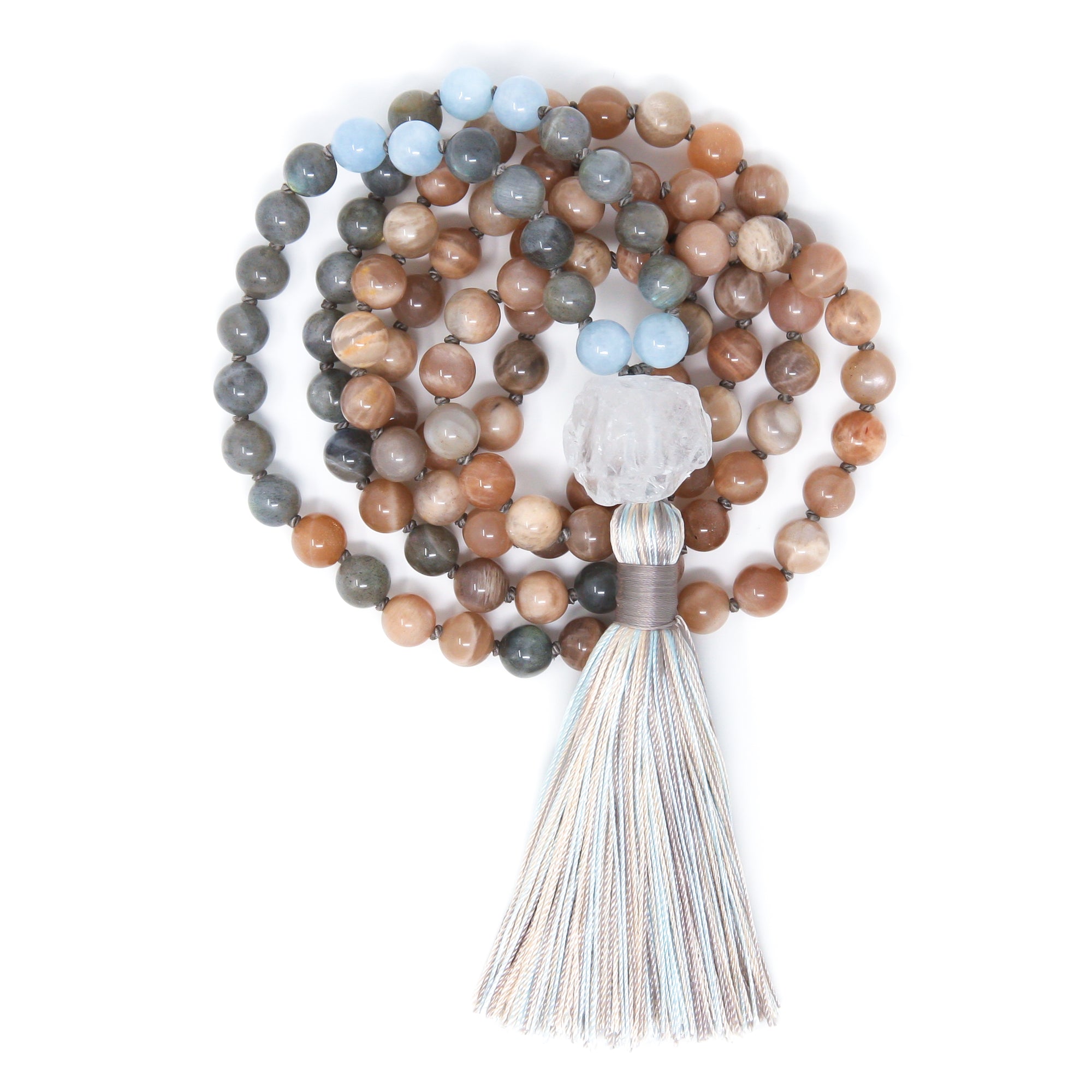 sunstone labradorite aquamarine mala beads, crystal healing jewelry