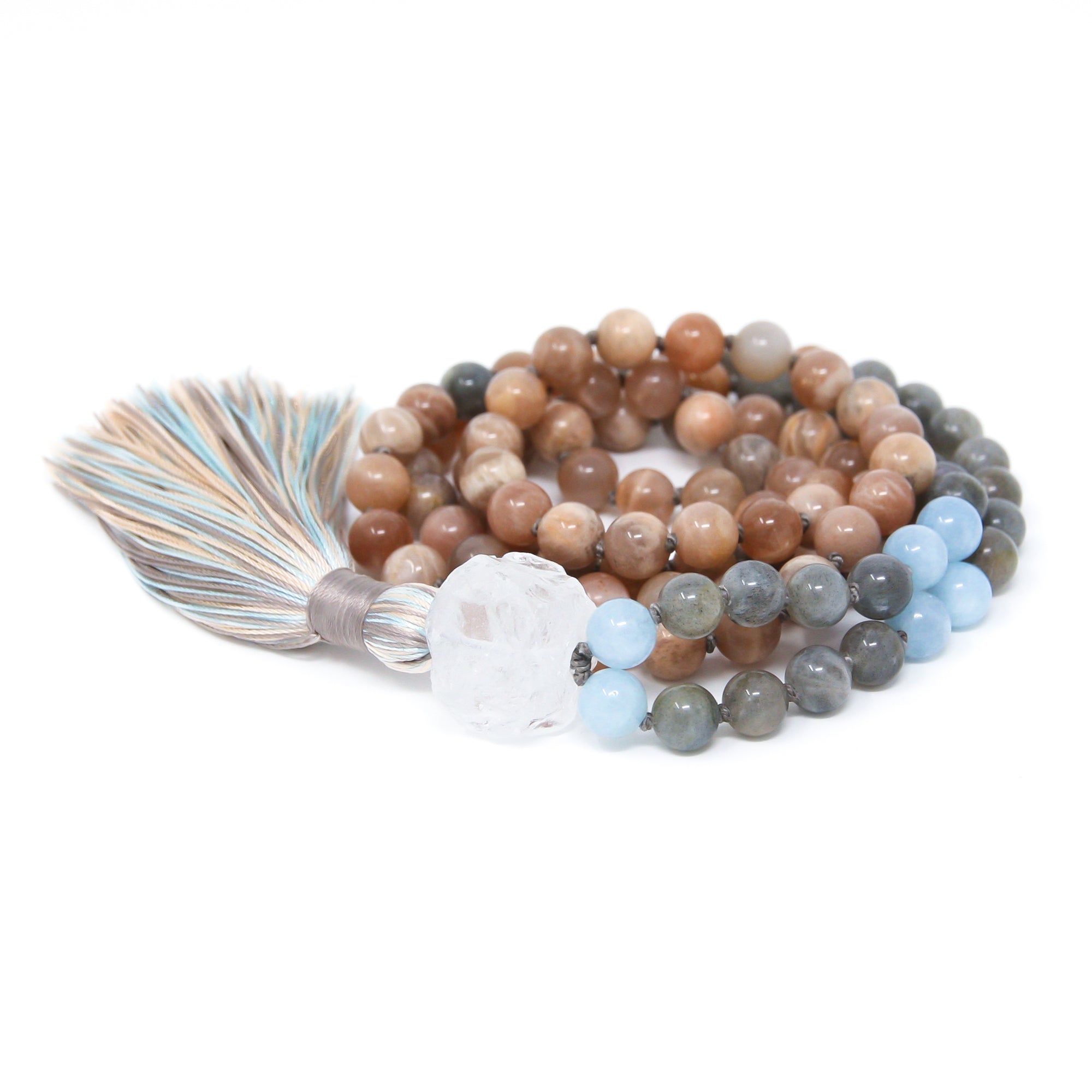 sunstone labradorite knotted mala beads, long tassel necklace