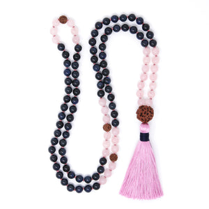 Dumortierite and Rose Quartz 108 mala beads, long tassel necklace