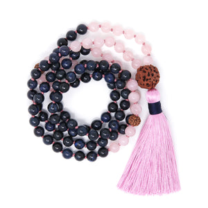 Dumortierite and Rose Quartz Mala Necklace, yoga jewelry