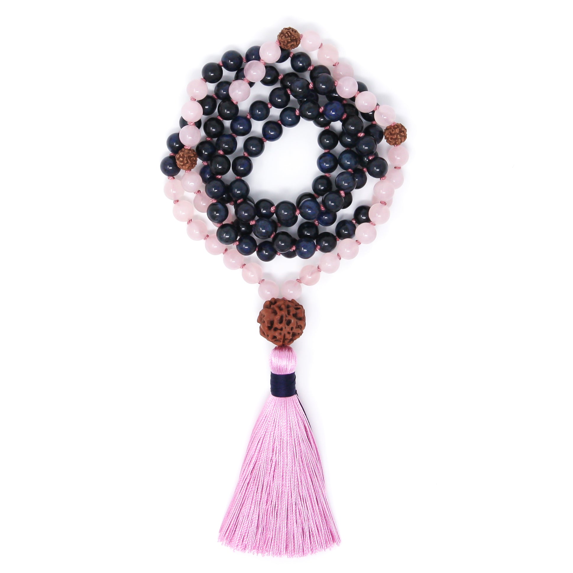 Blue Dumortierite and pink Rose Quartz Mala Necklace, boho jewelry