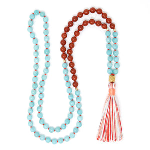 amazonite and red jasper 108 mala beads, long tassel necklace