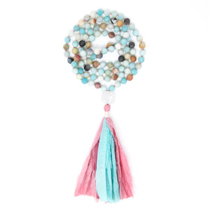 Matte Amazonite Mala Beads with sari ribbon tassel, boho jewelry 