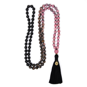 Ombré Pink Rhodonite and Black Tourmaline long tassel necklace, yoga jewelry