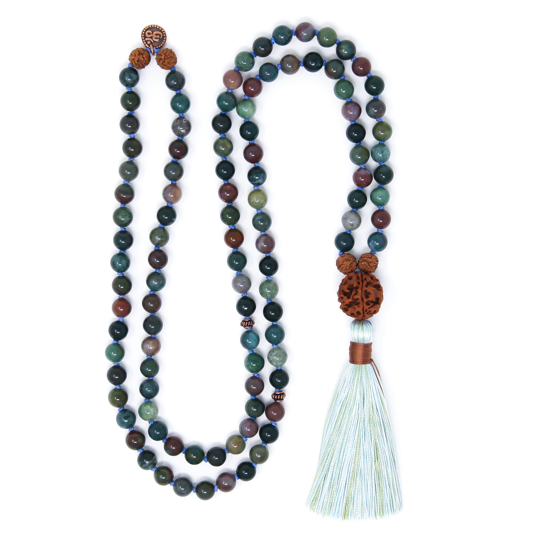Indian Agate Mala Necklace with Rudraksha and Om charm, yoga jewelry