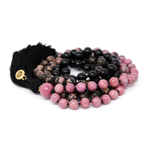 Pink Rhodonite and Black Tourmaline Mala Prayer Beads, buddhist jewelry