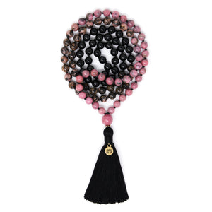 Ombré Pink Rhodonite and Black Tourmaline 108 Mala beads, boho jewelry