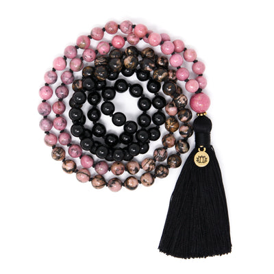 Ombré Pink Rhodonite and Black Tourmaline Mala Necklace, crystal healing jewelry