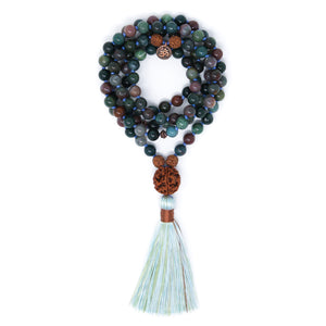 Indian Agate long tassel necklace, green gemstone mala 108