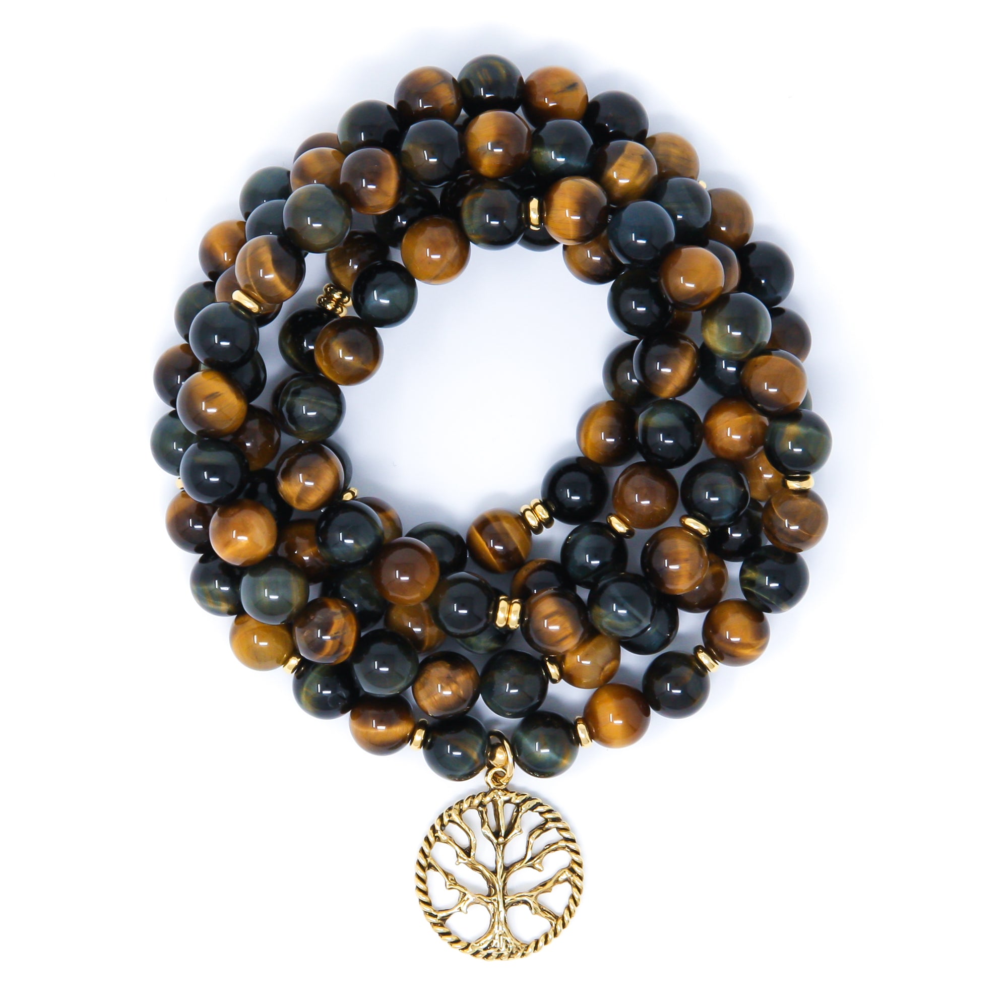 Blue Yellow Tiger’s Eye 108 bead mala bracelet with Tree of Life, crystal healing jewelry