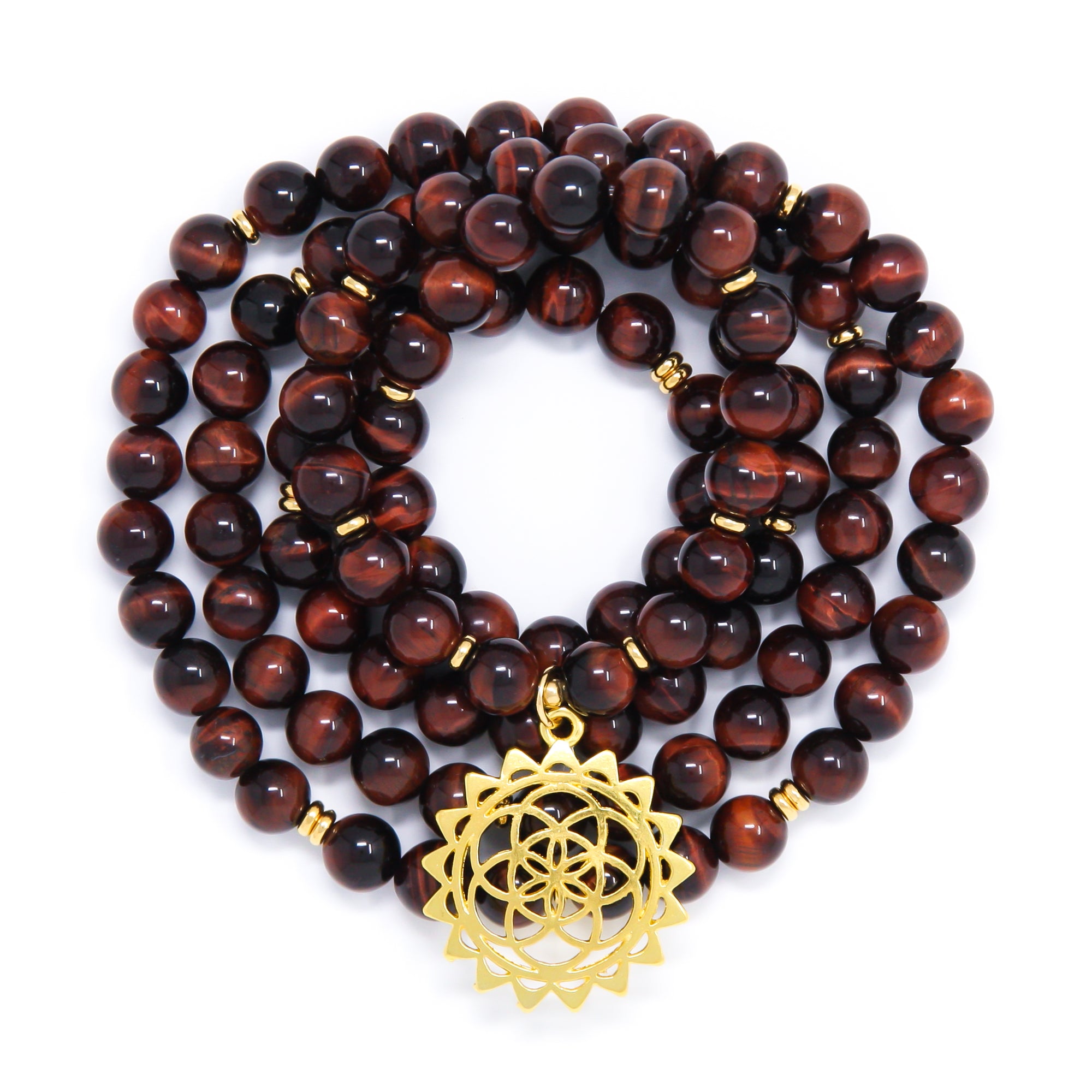 Red Tiger’s Eye 108 Mala Necklace with Seed of Life, sacred geometry jewelry