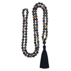 tiger's eye 108 mala prayer beads, long tassel necklace