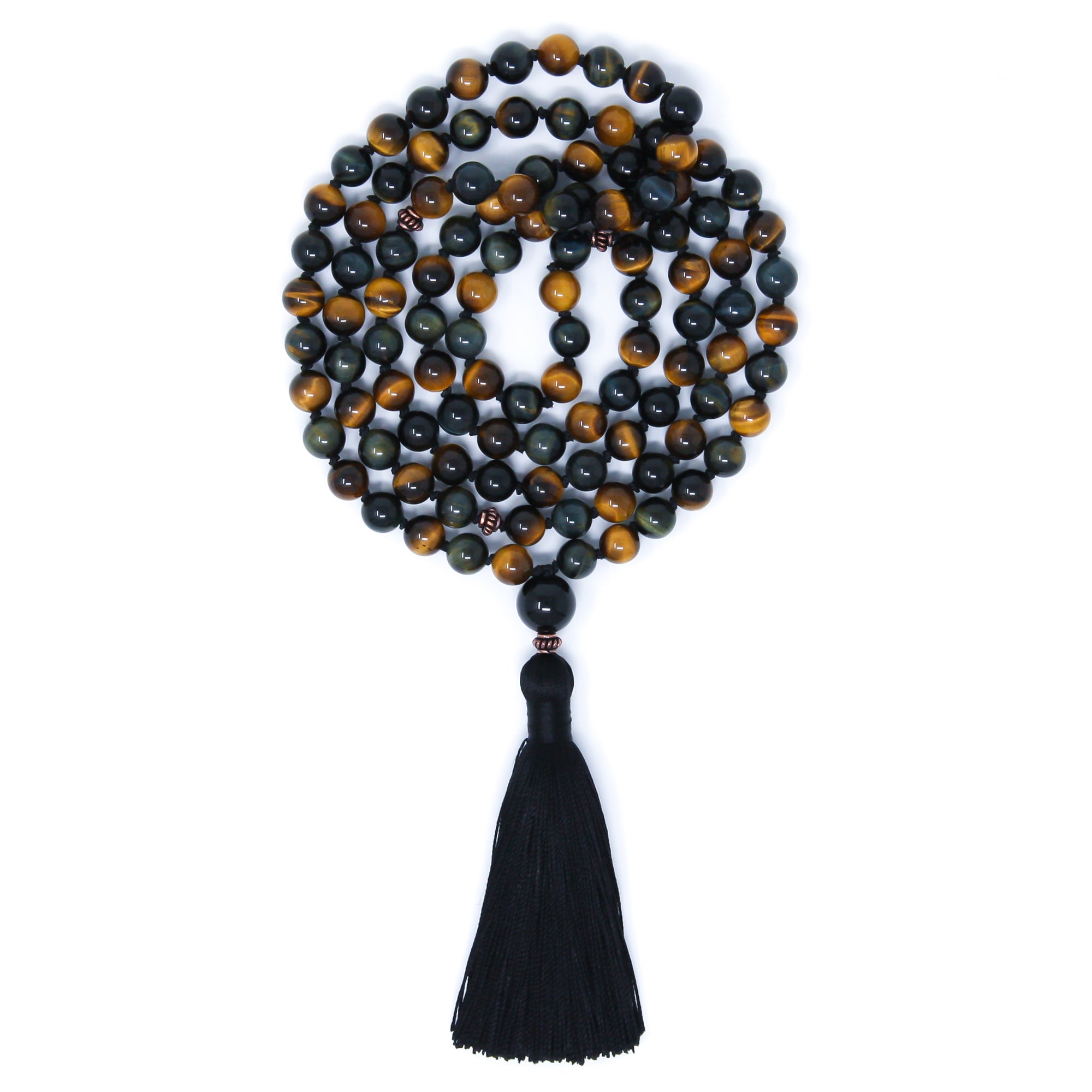 tigers eye 108 mala beads, buddhist prayer beads, black tassel