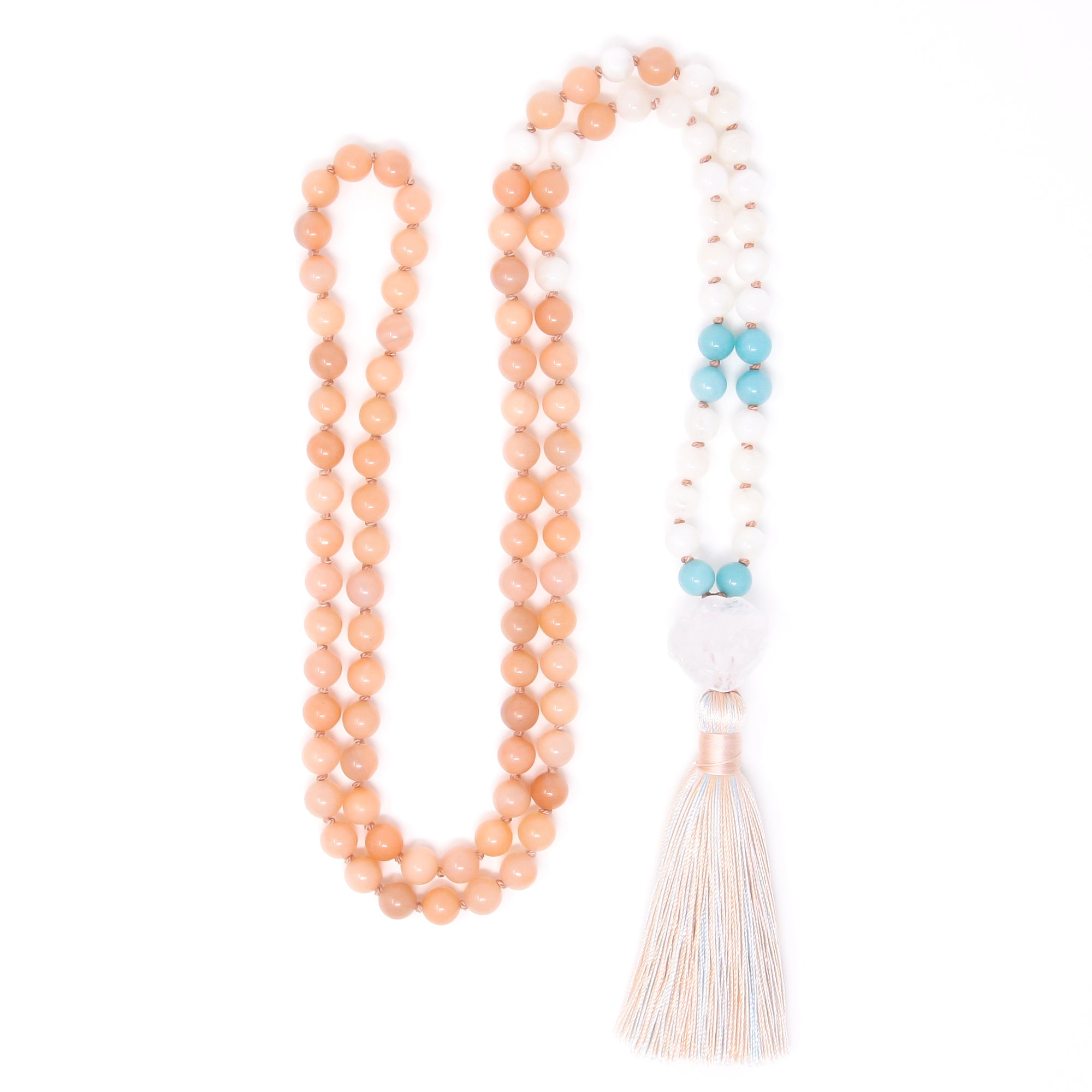 peach quartz moonstone long tassel necklace, spiritual jewelry