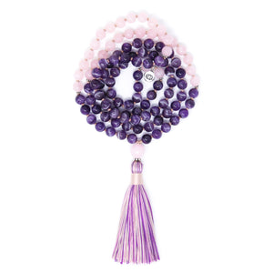  amethyst mala prayer beads, long tassel necklace