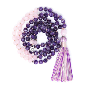 Amethyst and Rose quartz mala beads 108, spiritual jewelry