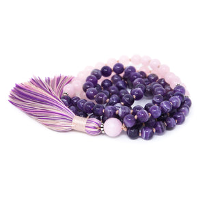 Amethyst knotted mala prayer beads, crystal healing jewelry