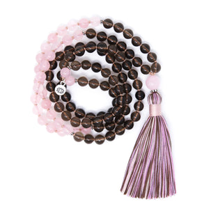 Rose Quartz and Smoky Quartz Mala Necklace, yoga jewelry
