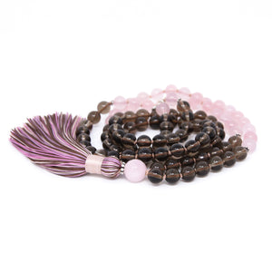 Rose quartz and Smoky Quartz 108 mala beads, spiritual jewelry