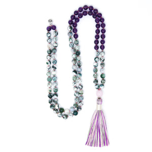 tree agate amethyst zen mala beads, long tassel necklace
