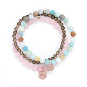 Matte Amazonite, Rose Quartz, Smoky Quartz Healing Bracelet Set, modern yoga jewelry 