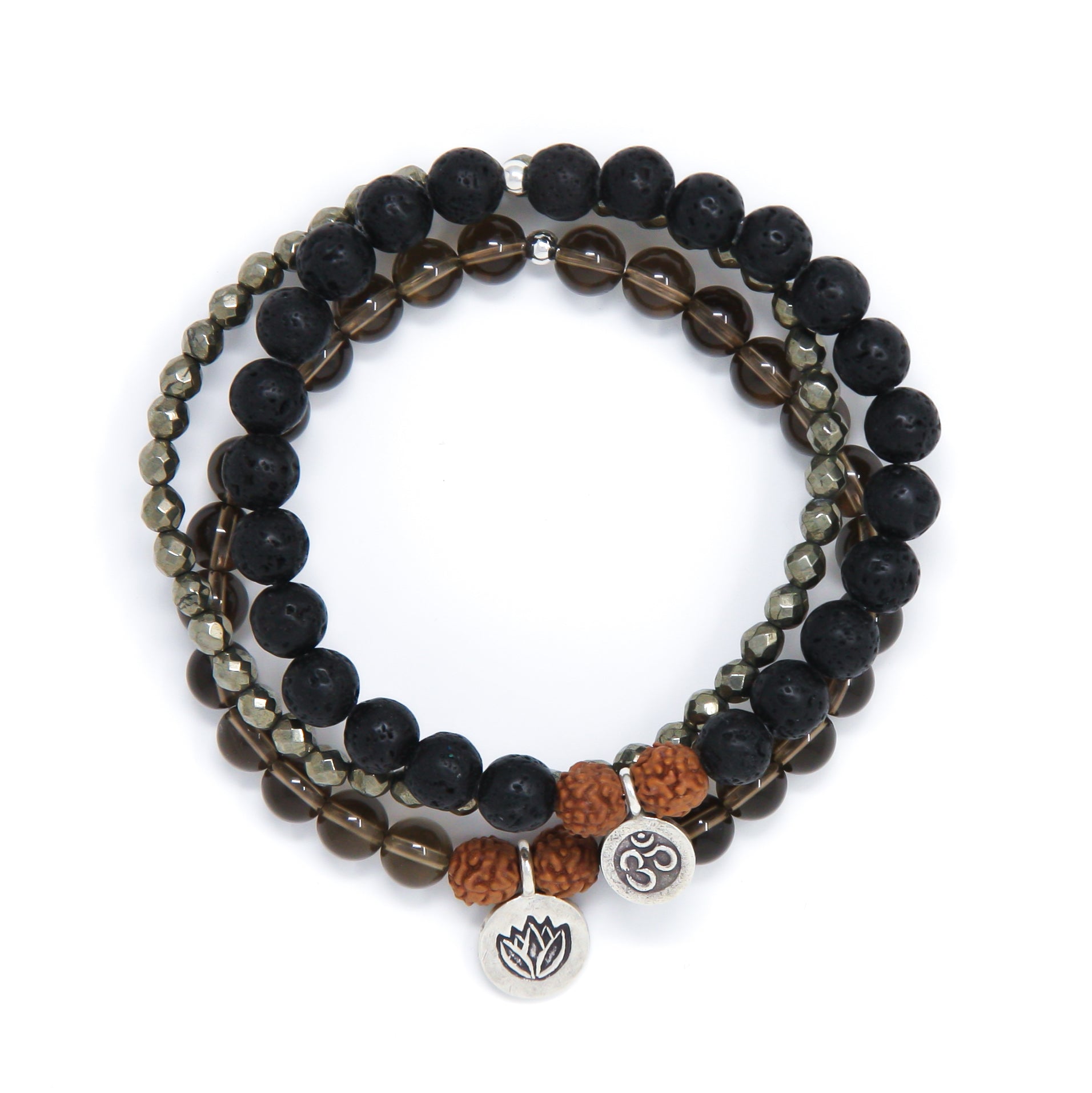 Lava Stone, Smoky Quartz & Pyrite Healing Bracelet Set, modern yoga jewelry 