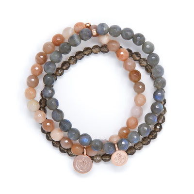 Sunstone, Labradorite, Smoky Quartz Healing Bracelet Set, modern yoga jewelry 