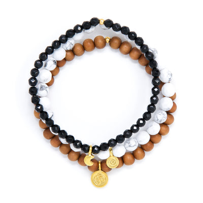 Black Onyx, Howlite, Sandalwood Healing Bracelet Set, modern yoga jewelry