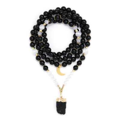 Moon Goddess Necklace, Selenite and Black Tourmaline Mala Necklace with Raw Tourmaline pendant and gold accents, yoga jewelry